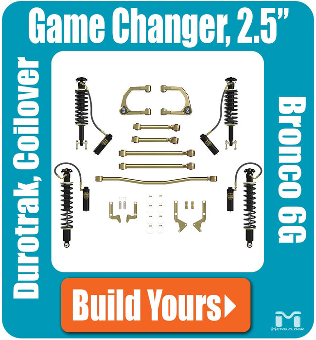 Bronco 6G 2.5"- 4" Game-Changer Suspension & Lift Kit, Durotrak A-Arms, RockSport BLACK Edition